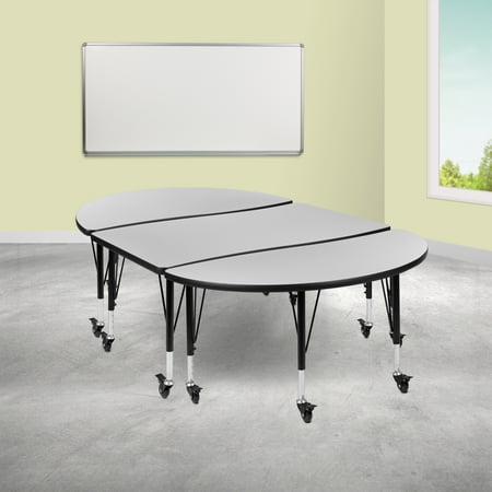 Emma + Oliver 3PC Mobile 76" Oval Wave Collaborative Grey Kids Adjustable Activity Table Set