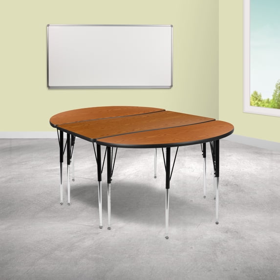 Emma + Oliver 3 Piece 76" Oval Wave Collaborative Oak Adjustable Activity Table Set