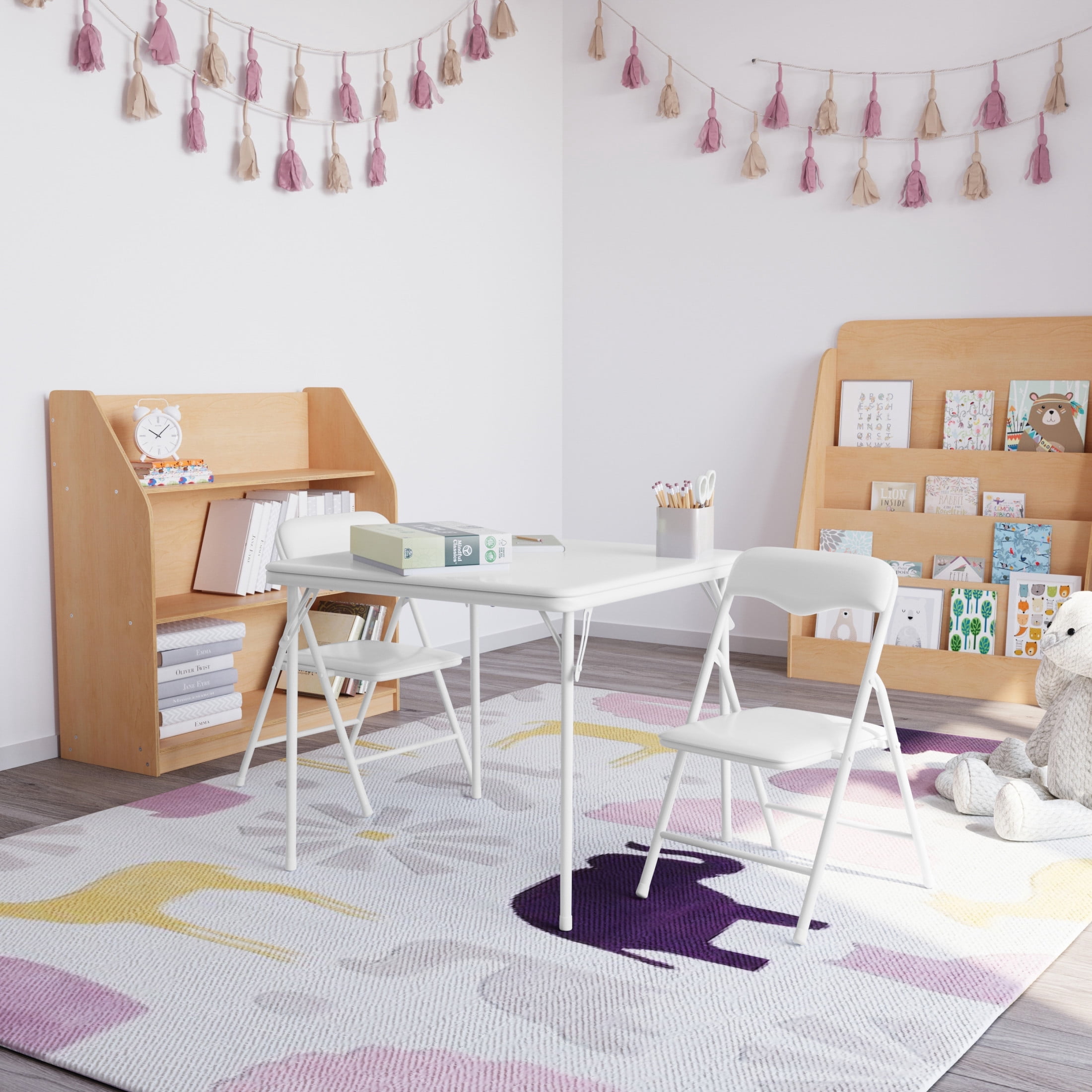 Emma + Oliver 3 Piece Kids Folding Table and Chair Set with White Vinyl Tabletop, Backrest and Seat