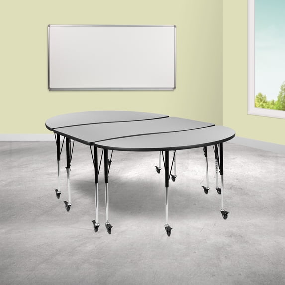 Emma + Oliver 3 Piece Mobile 86" Oval Wave Collaborative Grey Adjustable Activity Table Set