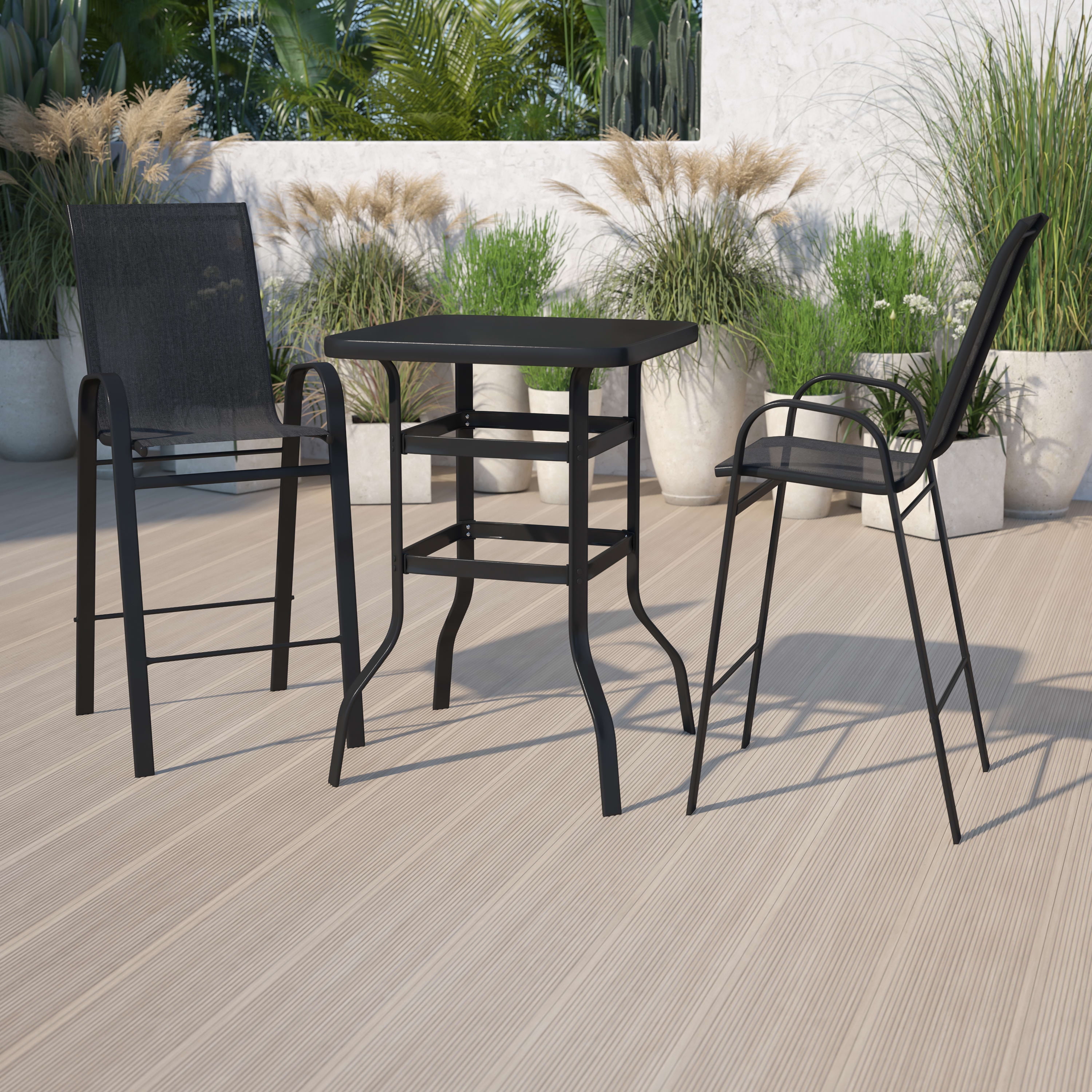 Emma + Oliver 3 Piece Outdoor Bar Height SetGlass Patio Bar TableBlack AllWeather Barstools