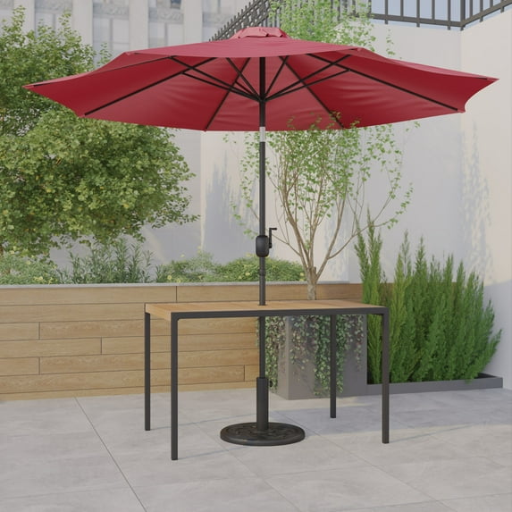 Emma + Oliver 3 Piece Patio Table Set - Synthetic Faux Teak 30" x 48" Dining Table with Umbrella Hole & Red Umbrella with Weighted Base