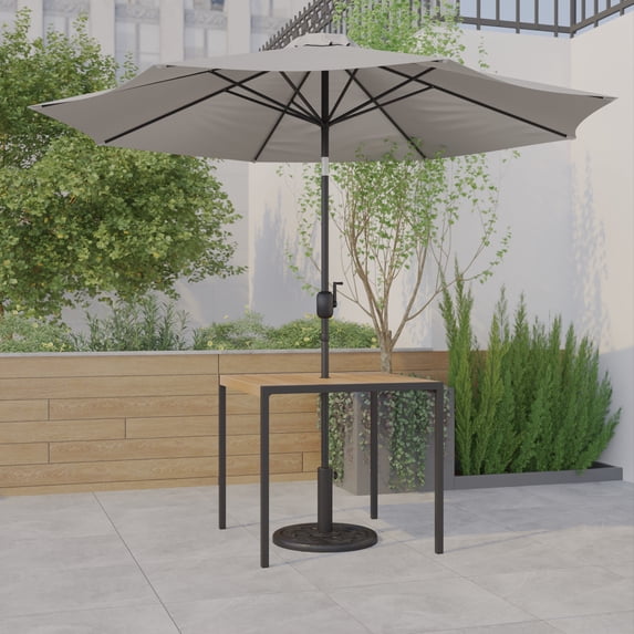 Emma + Oliver 3 Piece Patio Table Set - Synthetic Faux Teak 35" Square Dining Table with Umbrella Hole & Gray Umbrella with Weighted Base