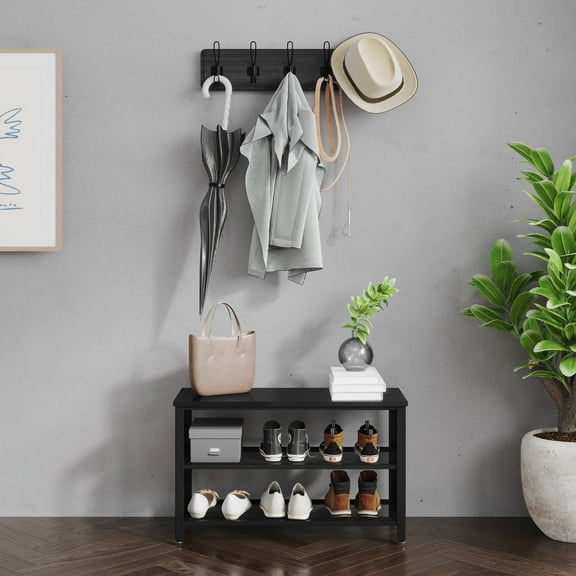 Emma + Oliver 3-Tier Storage Bench with Metal Mesh Shelves for Entryway, Mudroom, or Bedroom in Blackwash