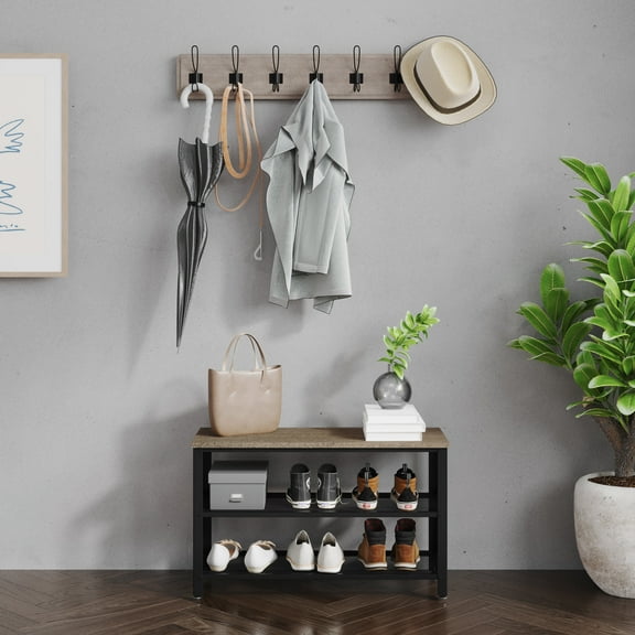 Emma + Oliver 3-Tier Storage Bench with Metal Mesh Shelves for Entryway, Mudroom, or Bedroom in Weathered Wood