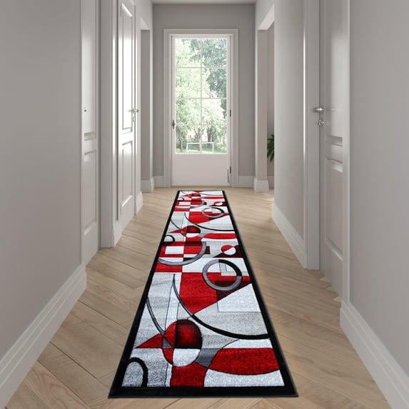 Emma + Oliver 3'x10' Accent Rug with Abstract Geometric Design in Gradient Shades of Red, Gray, Black and White with Jute Backing