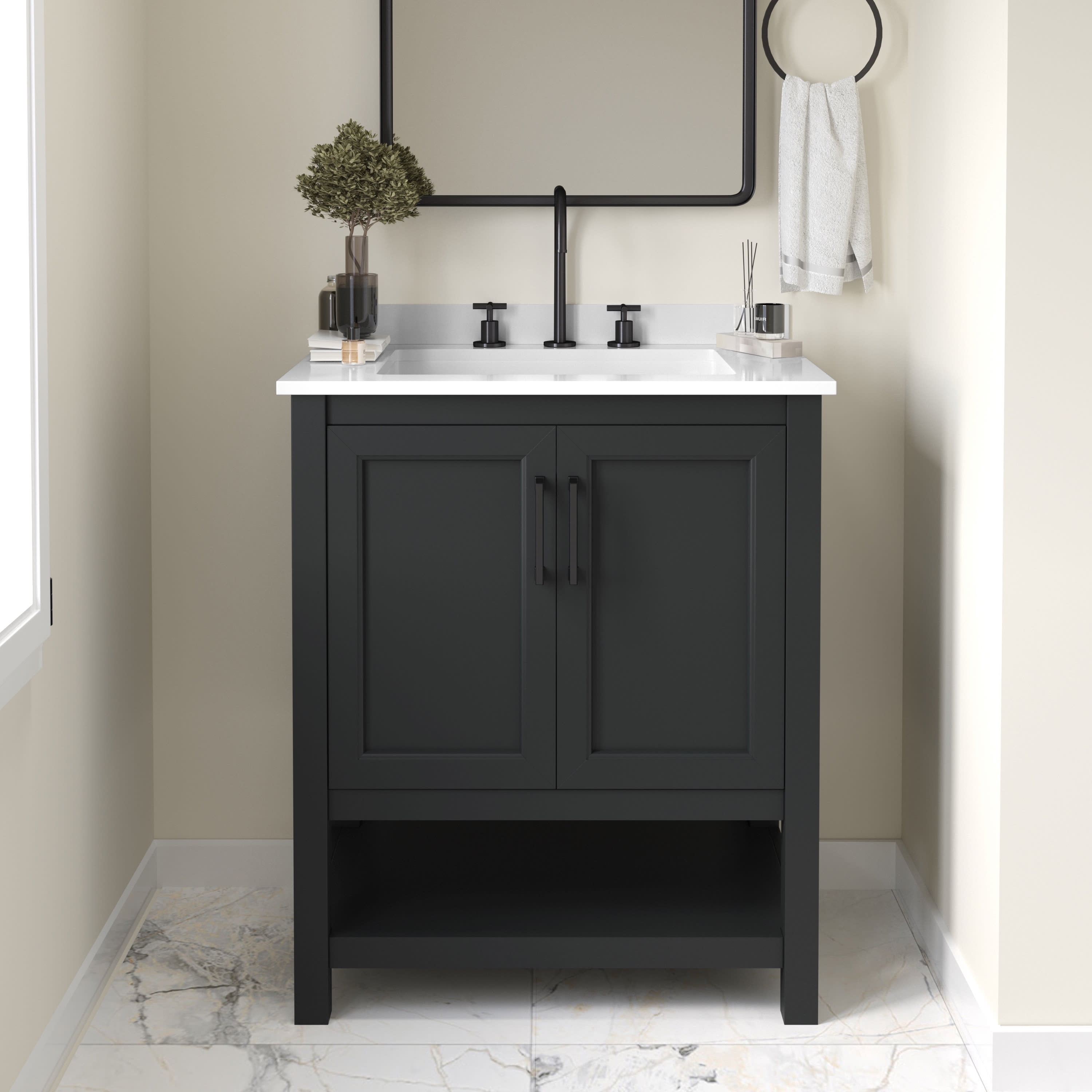 Emma + Oliver 30 Inch Bathroom Vanity, Single Sink Cabinet with 2 Soft Close Doors and Open Shelf, Carrara Marble Finish Countertop, Black with Black Hardware