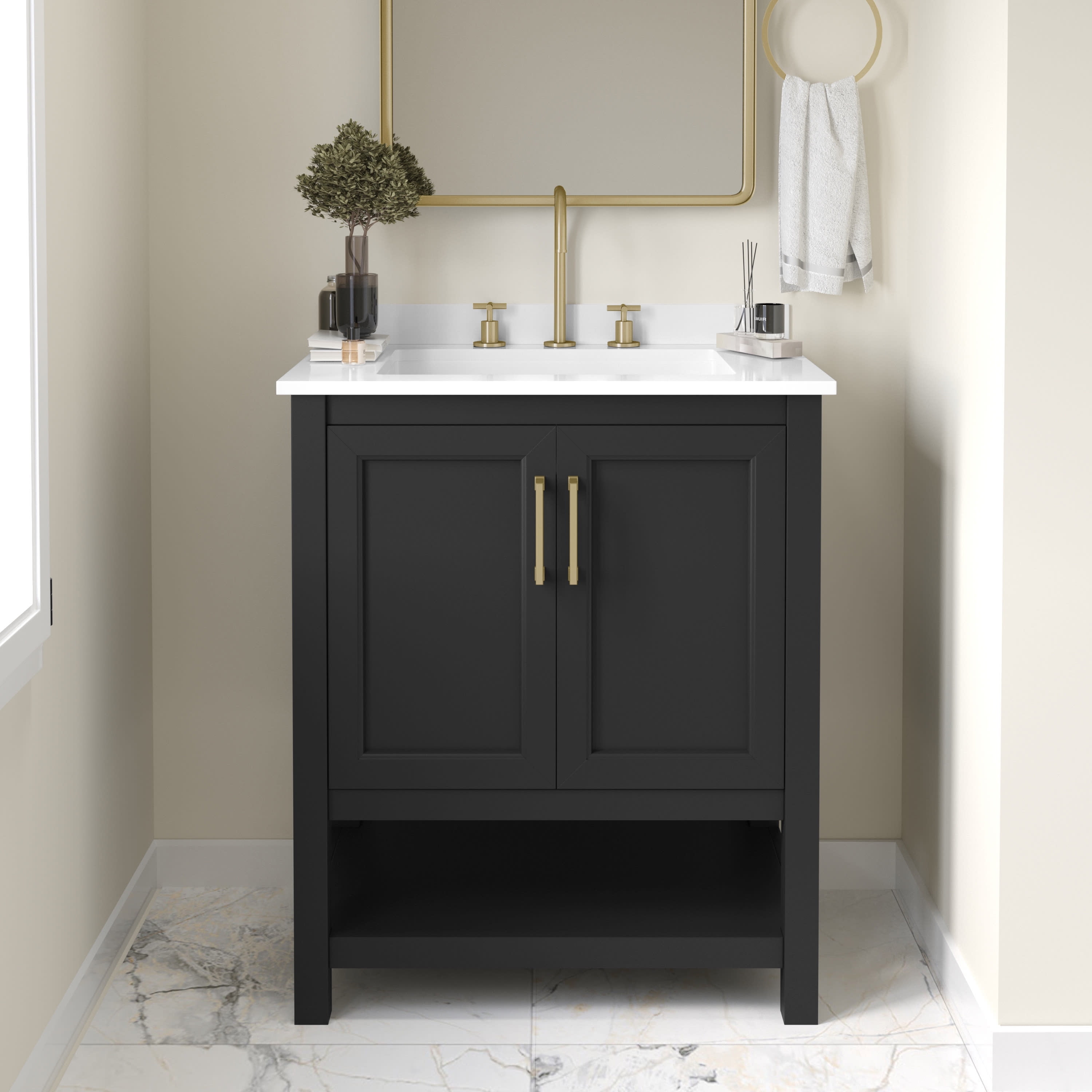 Emma + Oliver 30 Inch Bathroom Vanity, Single Sink Cabinet with 2 Soft Close Doors and Open Shelf, Carrara Marble Finish Countertop, Gold with Gold Hardware