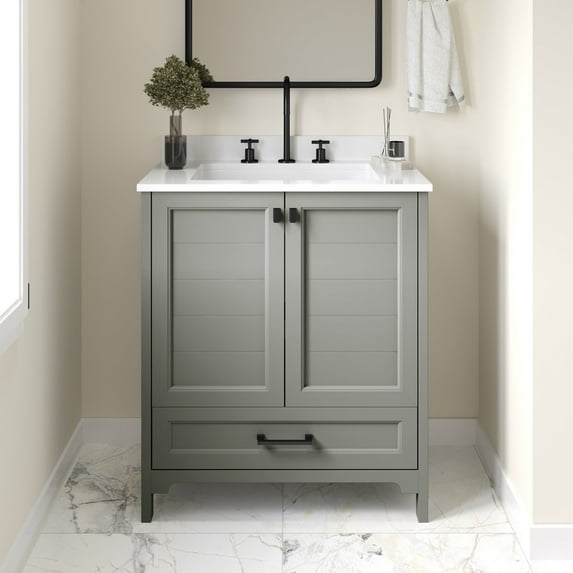 Emma + Oliver 30 Inch Bathroom Vanity, Single Sink Cabinet with 2 Soft Close Doors, Shelf, and Bottom Drawer, Carrara Marble Finish Countertop, Gray/Black