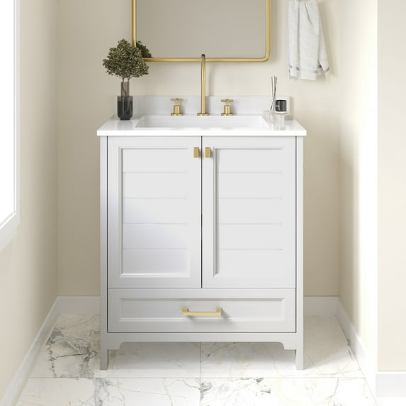 Emma + Oliver 30 Inch Bathroom Vanity, Single Sink Cabinet with 2 Soft Close Doors, Shelf, and Bottom Drawer, Carrara Marble Finish Countertop, White/Gold