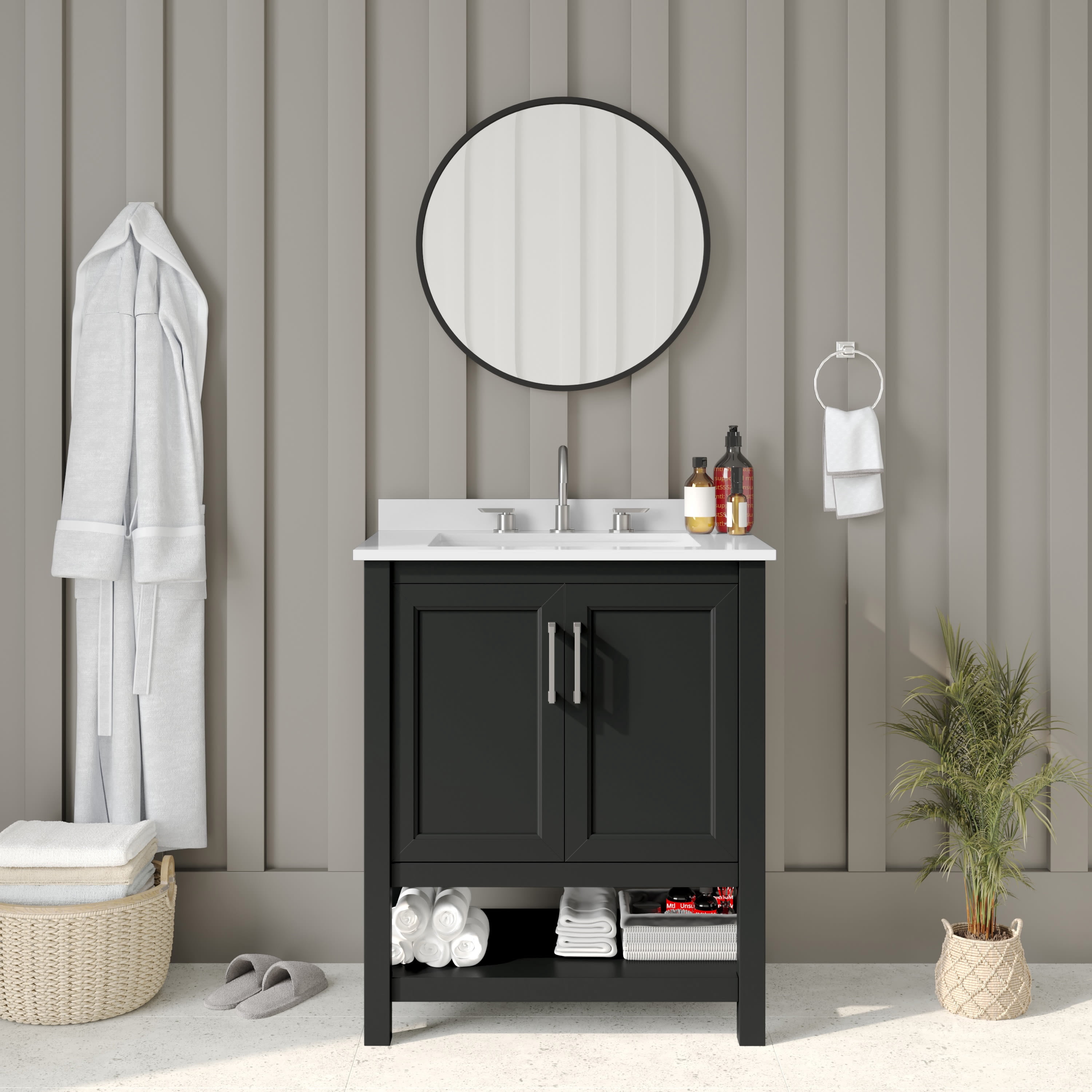 Emma + Oliver 30 Inch Bathroom Vanity, Single Sink Cabinet with 2 Soft Close Doors and Open Shelf, Carrara Marble Finish Countertop, Black