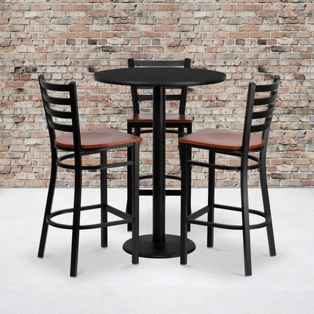 Emma + Oliver 30" Round Black Laminate Table Set, 3 Ladder Back Metal Barstools