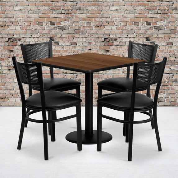 Emma + Oliver 30" Square Walnut Laminate Table Set, 4 Grid Back Metal Chairs