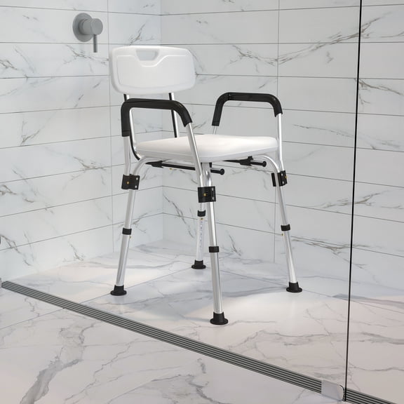 Emma + Oliver 300 Lb. Capacity Adjustable White Bath & Shower Chair with Depth Adjustable Back
