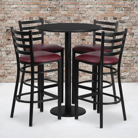 Emma + Oliver 30RD Black Table Set-RD Base & 4 Ladder Back Stools,Burgundy Seat