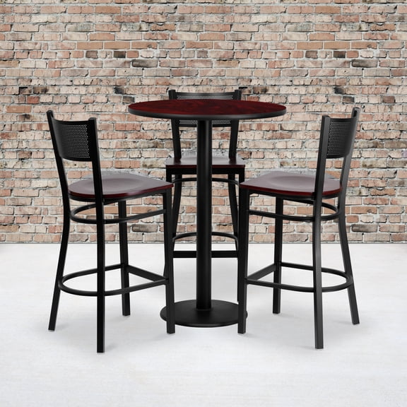 Emma + Oliver 30RD Mahogany Table Set-3 Grid Back Stools,Mahogany Seat