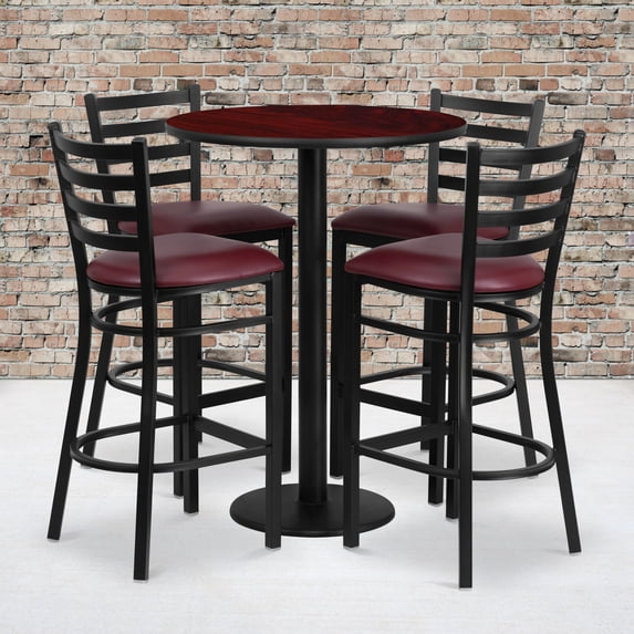 Emma + Oliver 30RD Mahogany Table Set-RD Base-4 Ladder Back Stools,Burgundy Seat