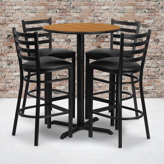 Emma + Oliver 30RD Natural Table Set-X-Base & 4 Ladder Back Stools,Black Seat