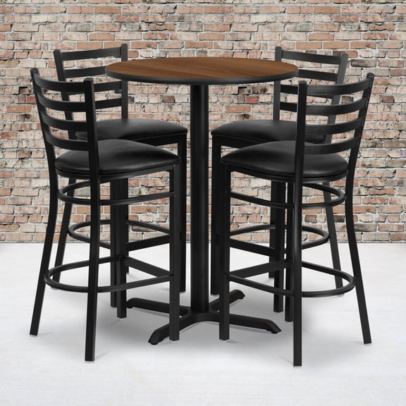Emma + Oliver 30RD Walnut Table Set-X-Base & 4 Ladder Back Stools,Black Seat