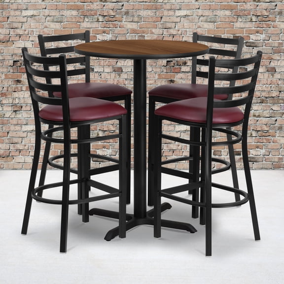 Emma + Oliver 30RD Walnut Table Set-X-Base & 4 Ladder Back Stools,Burgundy Seat