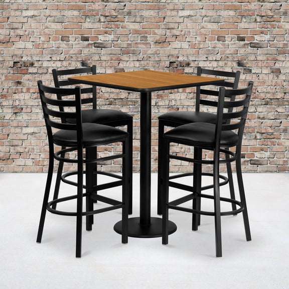 Emma + Oliver 30SQ Natural Table Set-4 Ladder Back Stools,Black Seat