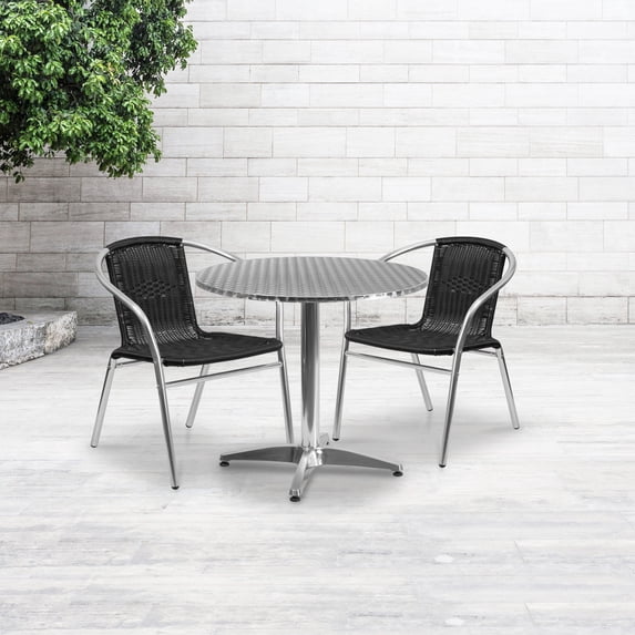 Emma + Oliver 31.5" Round Aluminum Table Set-2 Black Rattan Chairs