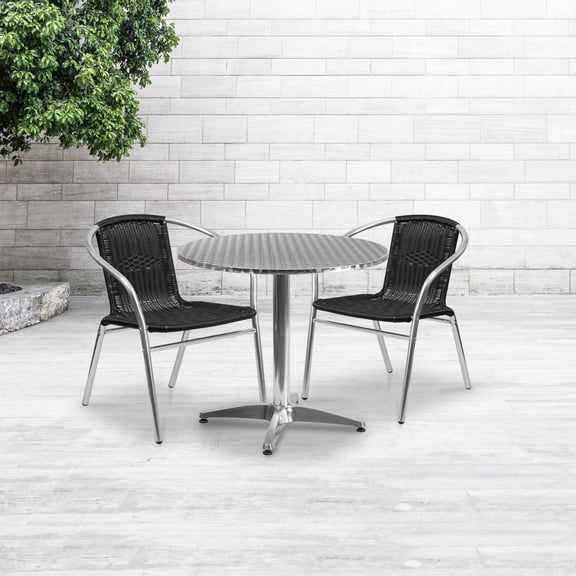 Emma   Oliver 31.5" Round Aluminum Table Set-2 Black Rattan Chairs