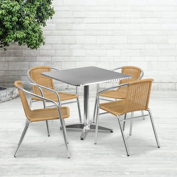 Emma + Oliver 31.5" Square Aluminum Table Set-4 Beige Rattan Chairs