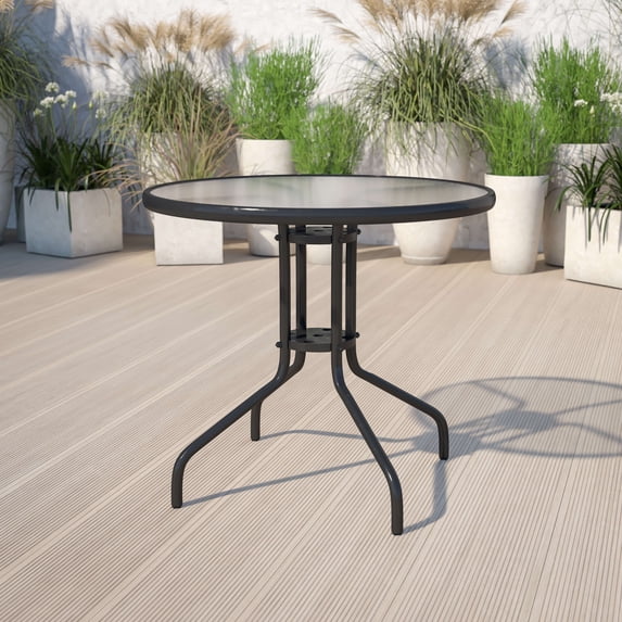 Emma + Oliver 31.5" Round Tempered Glass Metal Table