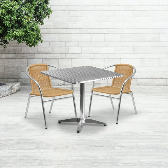 Emma + Oliver 31.5" Square Aluminum Table Set-2 Beige Rattan Chairs