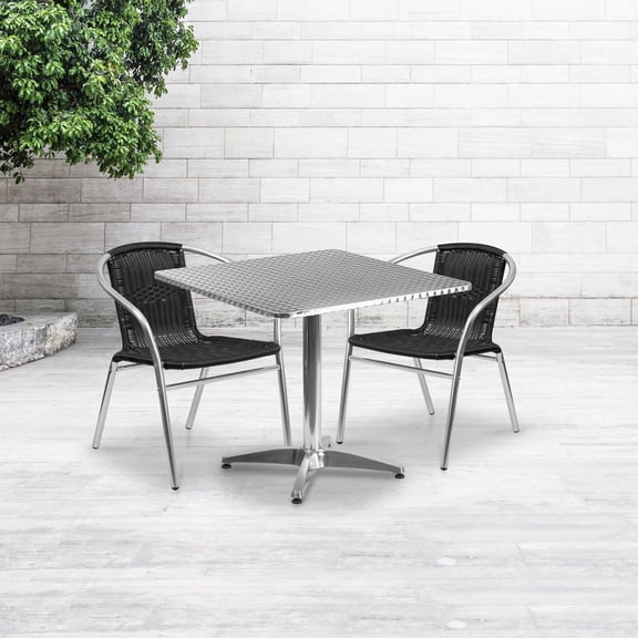 Emma + Oliver 31.5" Square Aluminum Table Set-2 Black Rattan Chairs
