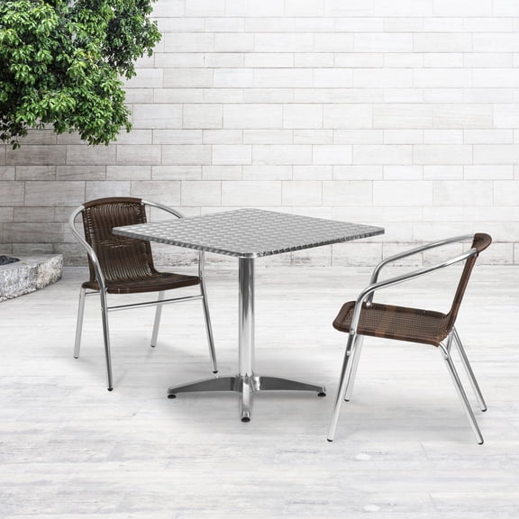 Emma   Oliver 31.5" Square Aluminum Table Set-2 Dark Brown Rattan Chairs