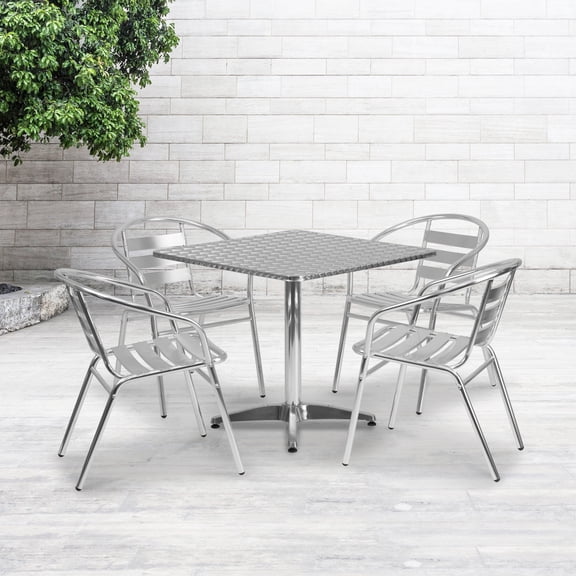 Emma + Oliver 31.5" Square Aluminum Table Set with 4 Slat Back Chairs