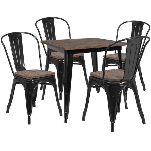 Emma + Oliver 31.5" Square Black Metal/Wood Table Set - 4 Stack Chairs