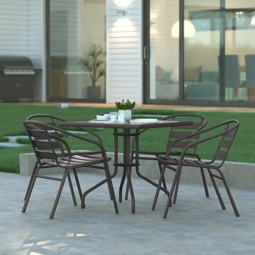 Emma + Oliver 31.5'' Square Glass Top Metal Table with 4 Bronze Aluminum Slat Stack Chairs
