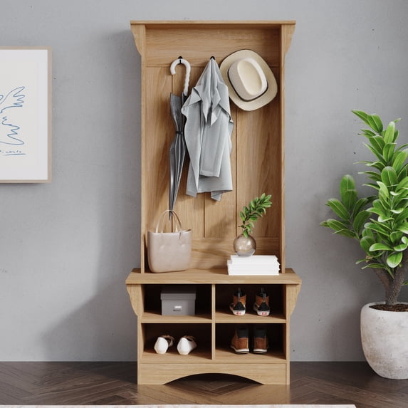 Emma + Oliver 31.5" Wide Hallway Tree with Bench, Coat Hooks, and Lower Storage Compartments with Adjustable Shelves in Weathered Wood