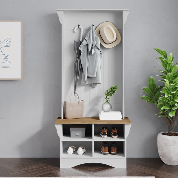 Emma + Oliver 31.5" Wide Hallway Tree with Bench, Coat Hooks, and Lower Storage Compartments with Adjustable Shelves in White with Weathered Seat