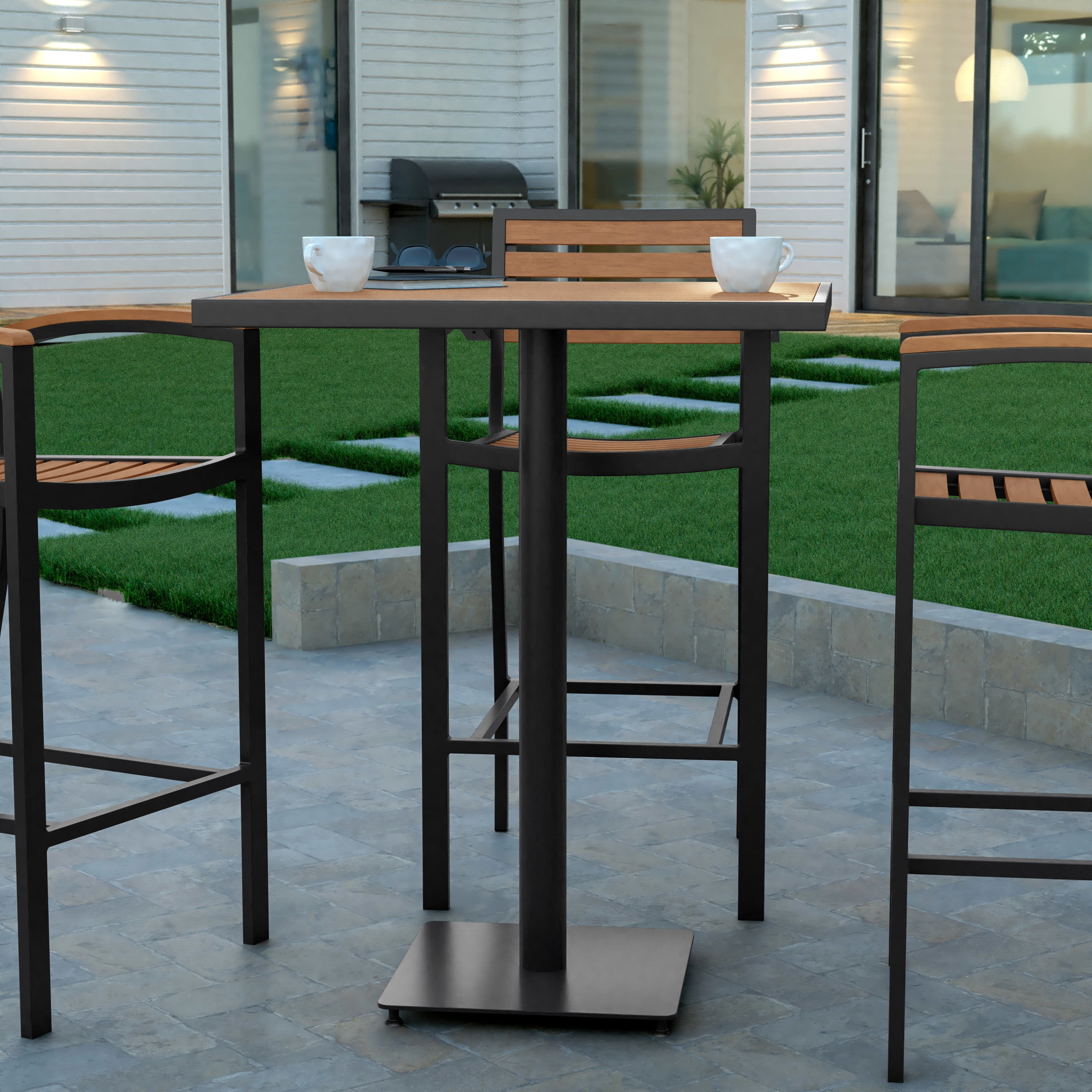 Teak and Black Square Outdoor Bar Height Table