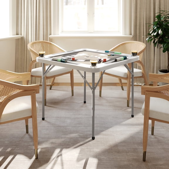 Emma + Oliver 34.5" Square White Folding Card Game Table for 4-Players with a Gray Felt Playing Surface and Cup Holders
