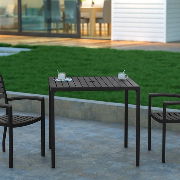 Emma + Oliver 35" Square All-Weather Patio Dining Table for Four with Gray Wash Faux Teak Slatted Top, Umbrella Hole and Powder Coated Steel Frame