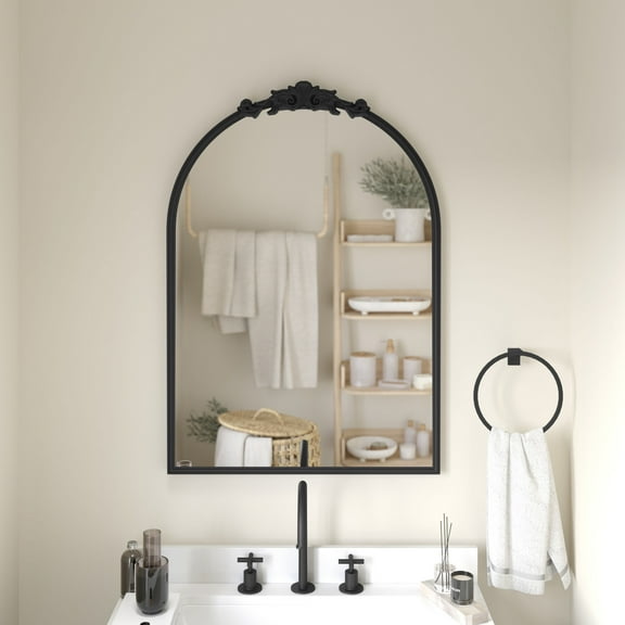 Emma + Oliver 35" x 24" Arched Wall Mirror with Black Frame, Baroque Style Detail, and Aluminum Backed Glass for Clarity for Entryways, Bathrooms & More