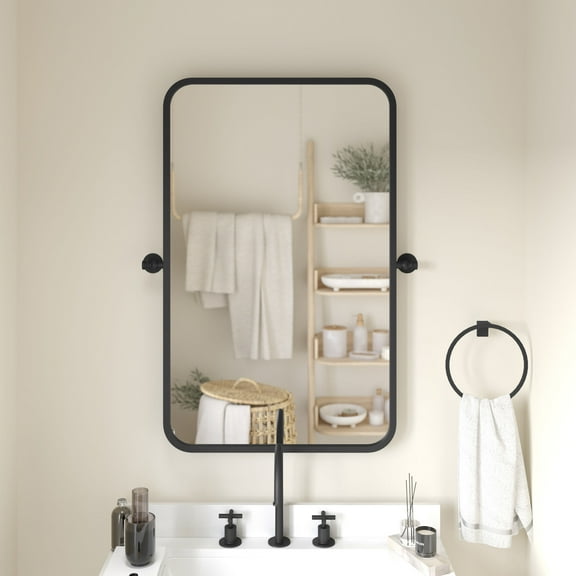 Emma + Oliver 35" x 27" Rectangular Pivot Wall Mirror with Slim Black Frame and Silver Backed Glass for Clarity for Bathrooms