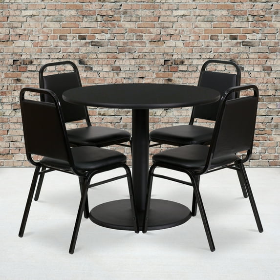 Emma + Oliver 36"RD Black Laminate Table Set-RD Base & 4 Black Banquet Chairs