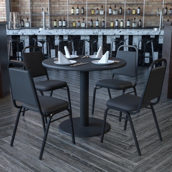 Emma + Oliver 36"RD Black Laminate Table Set-X-Base & 4 Black Banquet Chairs