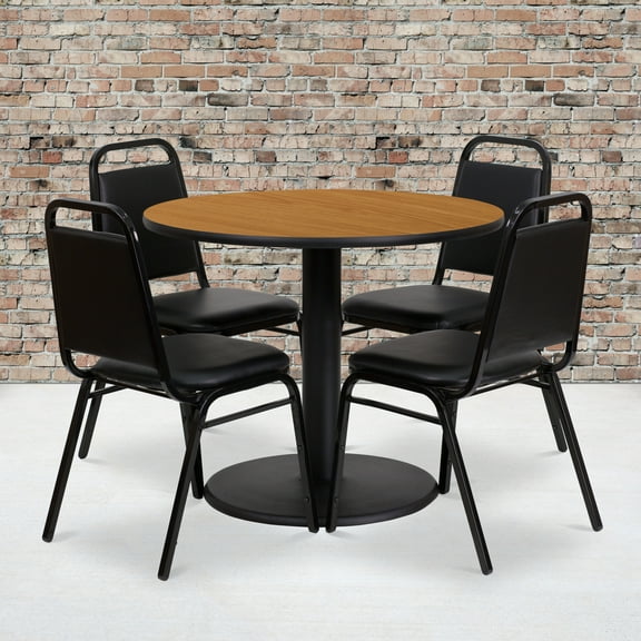Emma + Oliver 36"RD Natural Laminate Table Set-RD Base & 4 Black Banquet Chairs