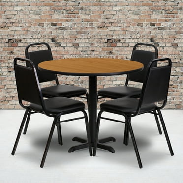 Emma + Oliver 36"RD Natural Laminate Table Set-X-Base & 4 Black Banquet Chairs