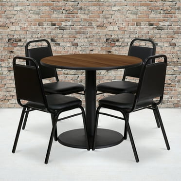 Emma + Oliver 36"RD Walnut Laminate Table Set-RD Base & 4 Black Banquet Chairs