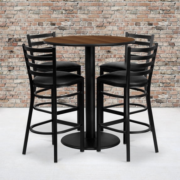 Emma + Oliver 36" Round Walnut Laminate Table Set, 4 Ladder Back Metal Barstools