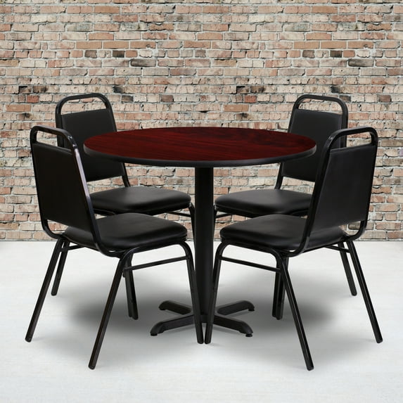 Emma + Oliver 36"RD Mahogany Laminate Table Set-X-Base & 4 Black Banquet Chairs