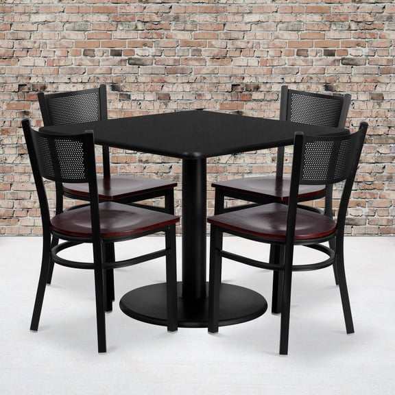 Emma + Oliver 36" Square Black Laminate Table Set, 4 Grid Back Metal Chairs